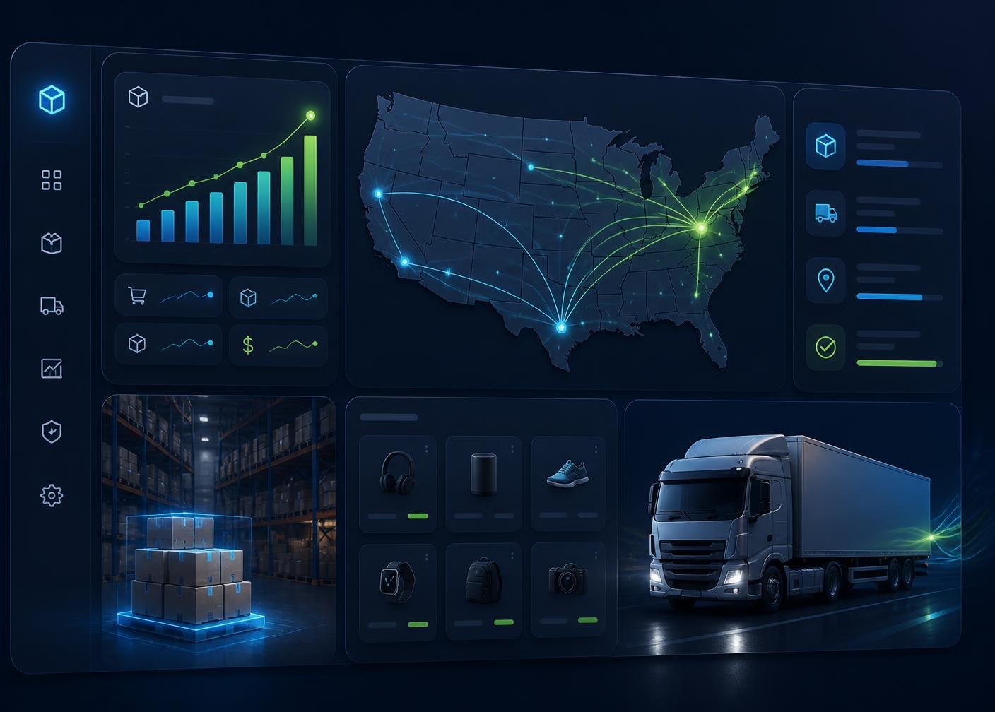 KinshipStore BD warehouse dashboard showing US shipping routes, live order analytics, and same-day fulfillment